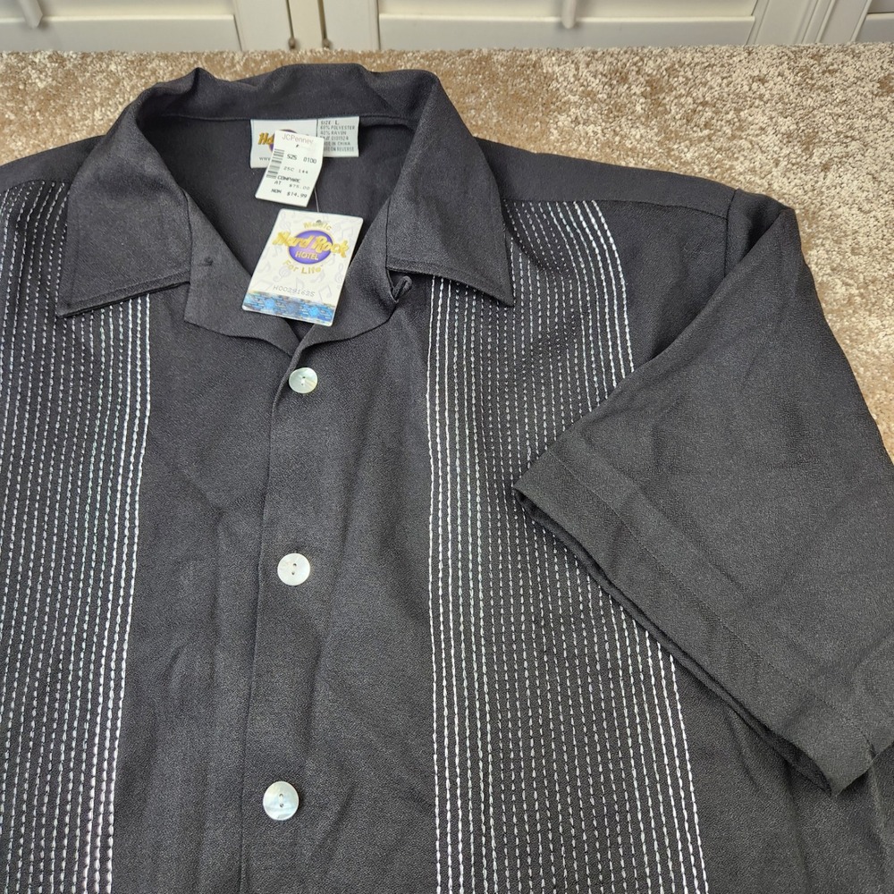 Hard Rock Hotel Mens Large Black Bowling Shirt White Vertical Stripe Retro NWT